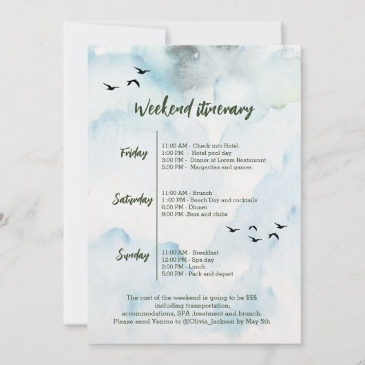 ヴェイル前の最後のトレイル独身最後の週末 招待状 (裏面)