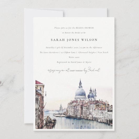 ヴェネツィアイタリアカナルズウォーターカラーブライダルシャワー 招待状 (正面)