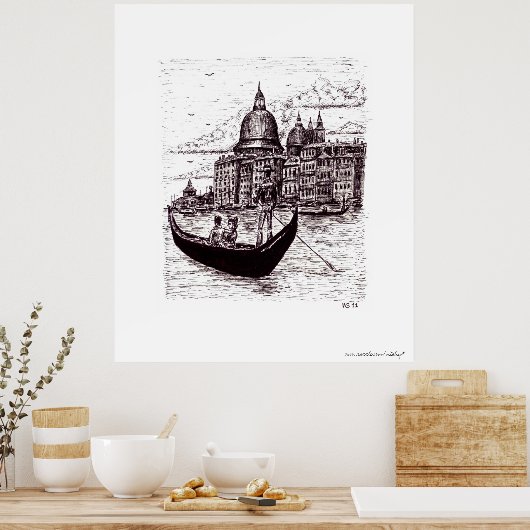 ヴェネツィアイタリア白黒ペンインクスケッチ ポスター (キッチン)