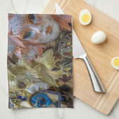 ヴェネツィアカーニバルマスク茶タオル キッチンタオル (四つ折り)