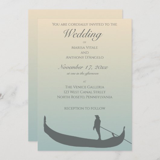ヴェネツィアゴンドラシルエット結婚アットサンセット 招待状 (正面/裏面)