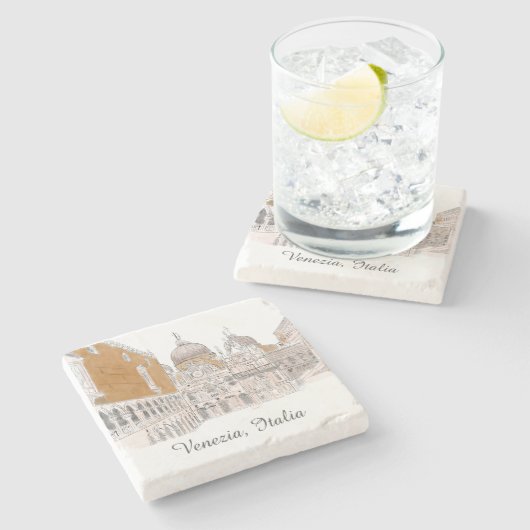 ヴェネツィアサンマルクスクエアペンアンドインクイラストレーション ストーンコースター (横)