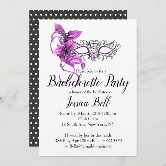 ヴェネツィアンマスクのブライズメイドパーティー招待状 招待状 (正面/裏面)