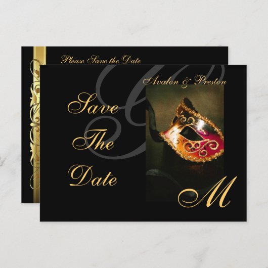 ヴェネツィア金ゴールド仮装マスク日付はがきを保存 案内ポストカード (正面/裏面)