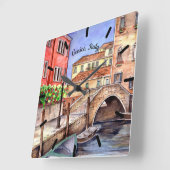 ヴェネツィア-ペン&ウォッシュウォータ絵画ーカラーズ スクエア壁時計 (傾斜)