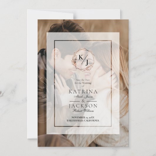 ヴェラム 結婚写真 透明効果イニシャル マグネット招待状 (正面)