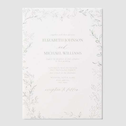 ヴェルエレガントムモダンリーフセージ結婚グリーン ベラム紙招待状 (正面)