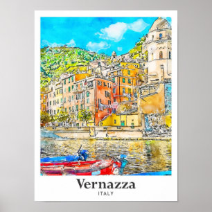 ヴェルナッツァイタリア旅行水の色のスケッチ手描き ポスター