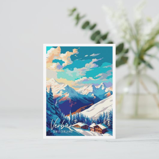 ヴェルビエースイスラヴィンテージ旅行イラストレーション ポストカード (スタンド正面)