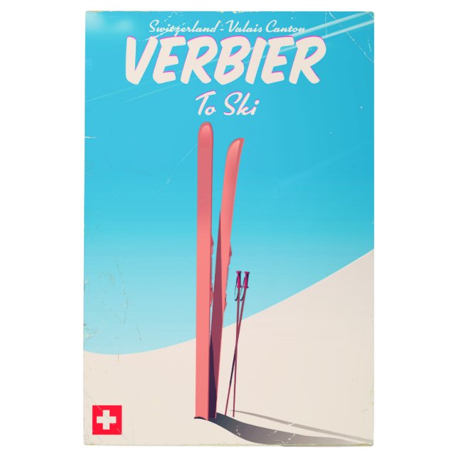 ヴェルビエ、スイスのヴィンテージスキー旅行ポスター。 メタルプリント (正面)