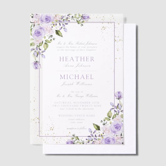 ヴェルムエレガント薄紫ラベンダー金ゴールド結婚フローラ ベラム紙招待状 (オフセット)