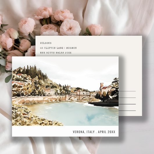 ヴェローナ アディジェ川 イタリア 水彩画 イタリアン トラベル ポストカード