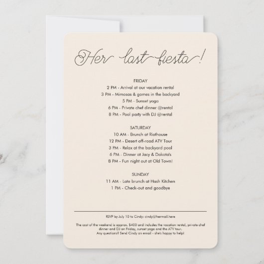 ヴェール砂漠の前のスコッツデールバチェロレッテ 招待状 (裏面)