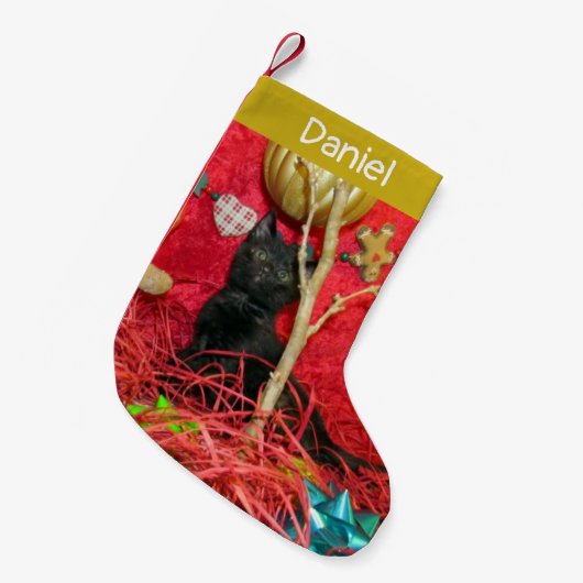 ーパーソナライズされたキムバのかわいい猫クリスマスストッキング スモールクリスマスストッキング (正面 (吊り時))