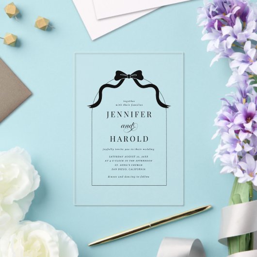 一お洒落つのフランスのアーチに黒い弓結婚 アクリル招待状 (インサイチュ (ウェディング))