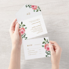 一かわいらしつの結婚招待状にピンクのバラ オールインワン招待状