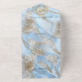 一つになった青いシルクとパールのウェディング招待状 オールインワン招待状 (外側)