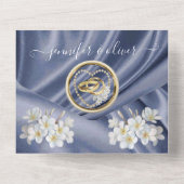 一つになった青いシルクとパールのウェディング招待状 オールインワン招待状 (裏面)