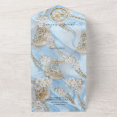 一つにまとめられた青いシルクとパールのウェディング招待状 オールインワン招待状 (外側)