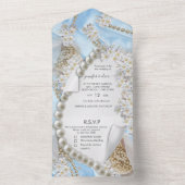 一つにまとめられた青いシルクとパールのウェディング招待状 オールインワン招待状 (内側)