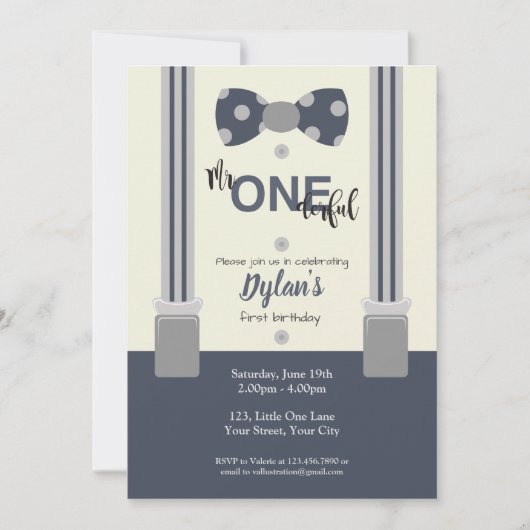 一つのダーフルな海軍とグレーの弓のネクタイ 招待状 (正面)