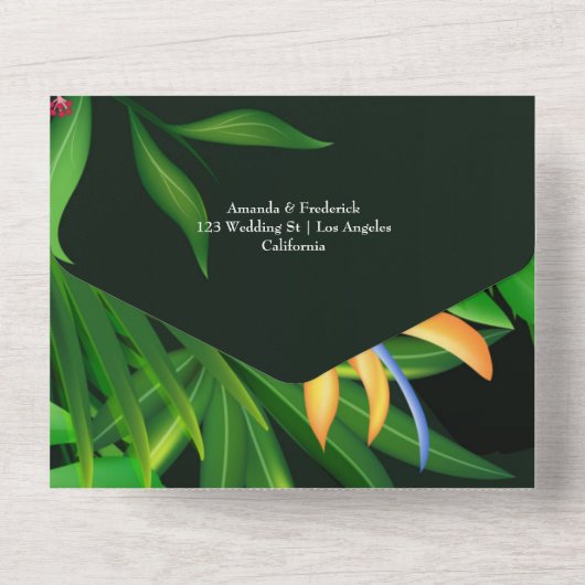 一つの結婚招待状で熱帯の オールインワン招待状 (裏面)