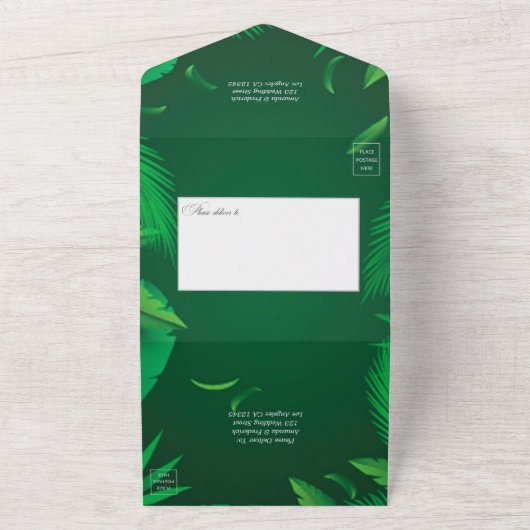 一つの葉試験で結婚の緑の熱帯の植物 オールインワン招待状 (外側)