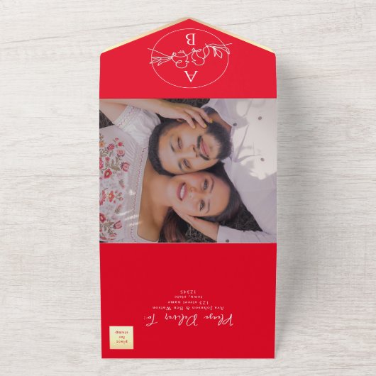 一はっきりしたつの結婚招待状で赤い オールインワン招待状 (外側)