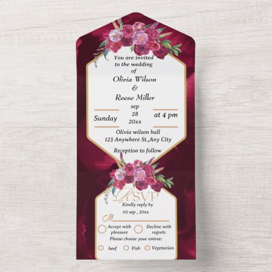 一エレガントつにマゼン結婚タピンクのフローラ オールインワン招待状 (内側)