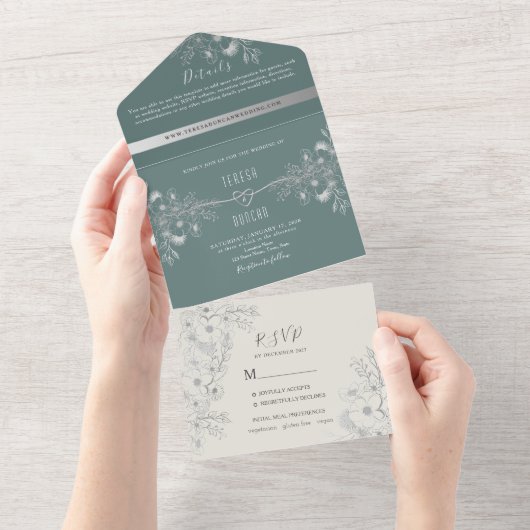 一エレガントつの結婚招待状にセージ・グリーン オールインワン招待状 (貼ってはがせる)