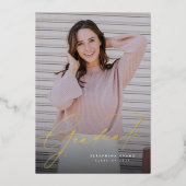 一エレガント枚シンプルの写真卒業生の脚本 箔招待状 (正面)