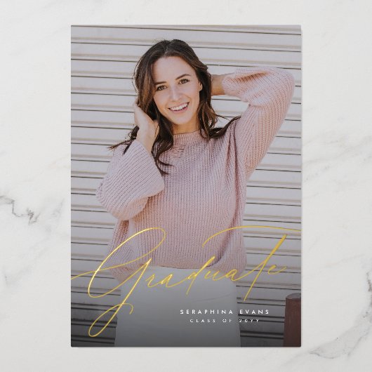 一エレガント枚シンプルの写真卒業生の脚本 箔招待状 (正面)