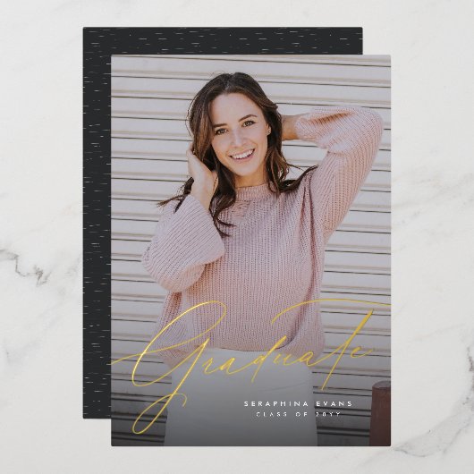 一エレガント枚シンプルの写真卒業生の脚本 箔招待状 (正面/裏面)