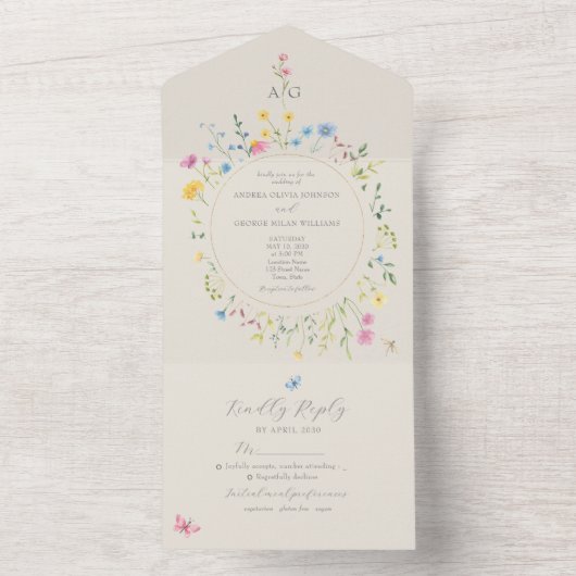 一カラフルつの結婚招待状でワイルドフラワーの オールインワン招待状 (内側)