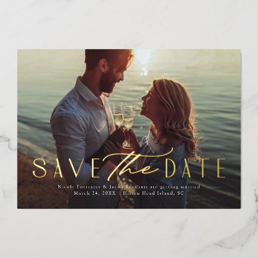 一シンプルつエレガントの写真のモダン種類は日付を保存 箔招待状 (正面)