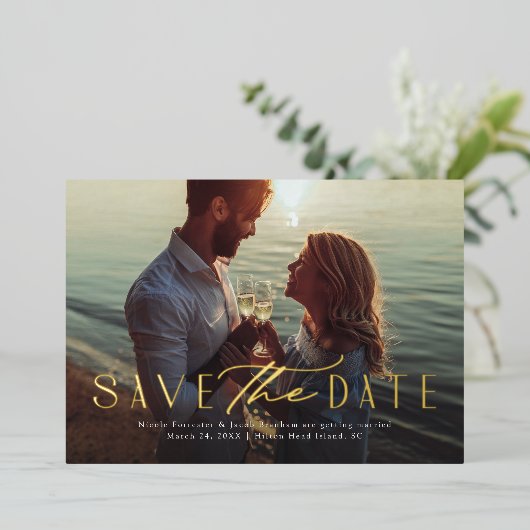 一シンプルつエレガントの写真のモダン種類は日付を保存 箔招待状 (立ち正面)