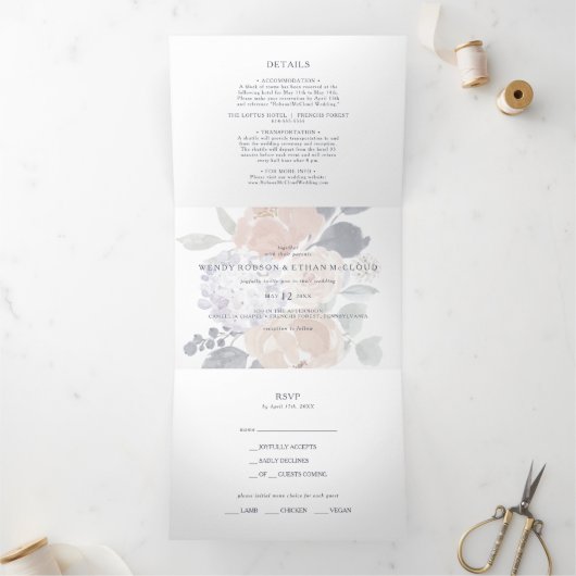 一シンプル結婚素朴回のフローラの全て 三つ折り招待状 (内部)