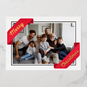 一スタイリッシュ枚の赤いバナーのメリークリスマスフォイル 箔シーズンカード (正面)