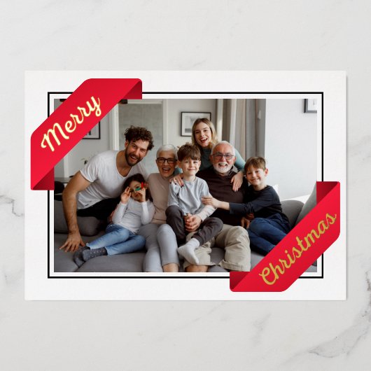 一スタイリッシュ枚の赤いバナーのメリークリスマスフォイル 箔シーズンカード (正面)