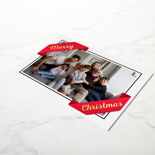 一スタイリッシュ枚の赤いバナーのメリークリスマスフォイル 箔シーズンカード (回転した状態)
