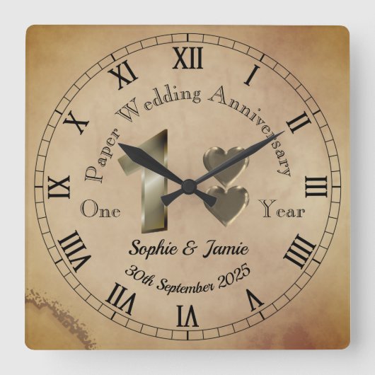 一パーソナライズされた年結婚記念日 スクエア壁時計 (正面)