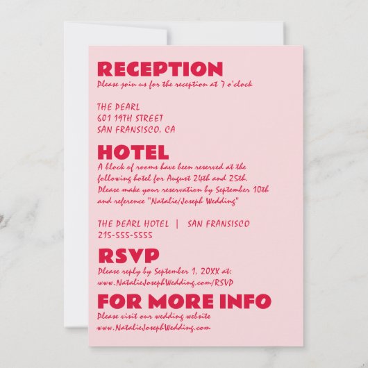 一モダンつのおもしろいにピンク色の赤はっきりしたファンキー結婚色 招待状 (裏面)