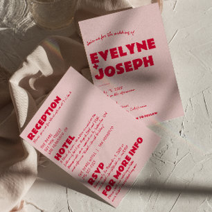 一モダンつのおもしろいにピンク色の赤はっきりしたファンキー結婚色 招待状