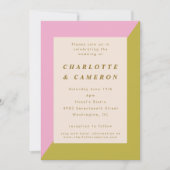 一モダン体にピンク色の緑の幾何結婚物 招待状 (正面)