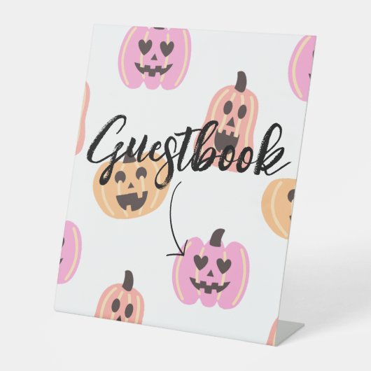 一不気味つ |ハロウィーン誕生日 |ピンクのゲストブック 台座サイン (正面)