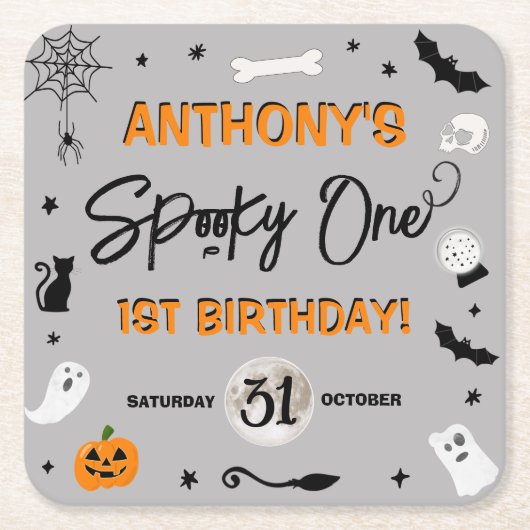 一不気味つ!ハロウィーン1回目の誕生日パーティー スクエアペーパーコースター (正面)