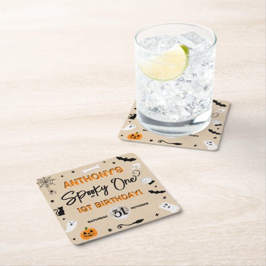 一不気味つ!ハロウィーン1回目の誕生日パーティー スクエアペーパーコースター (インサイチュ)
