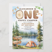 一人のハッピーキャンパー!男の素朴子1歳の誕生日パーティー 招待状 (正面)