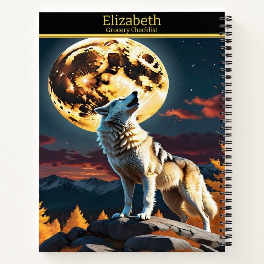 一人の狼が、夕暮れ時に輝く満月に吠える ノートブック (裏面)