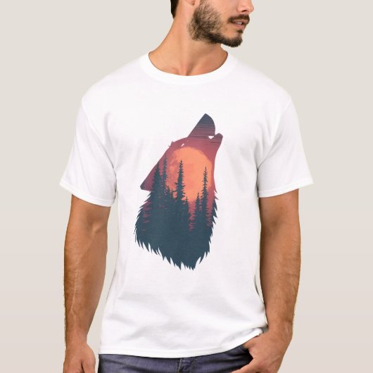 一人狼の森の夕焼けグラフィックTシャツ | ワイルド Tシャツ (正面)
